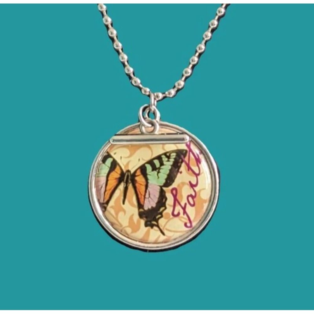 Vintage Y2K Butterfly Love and Faith Double Sided Necklace Preowned